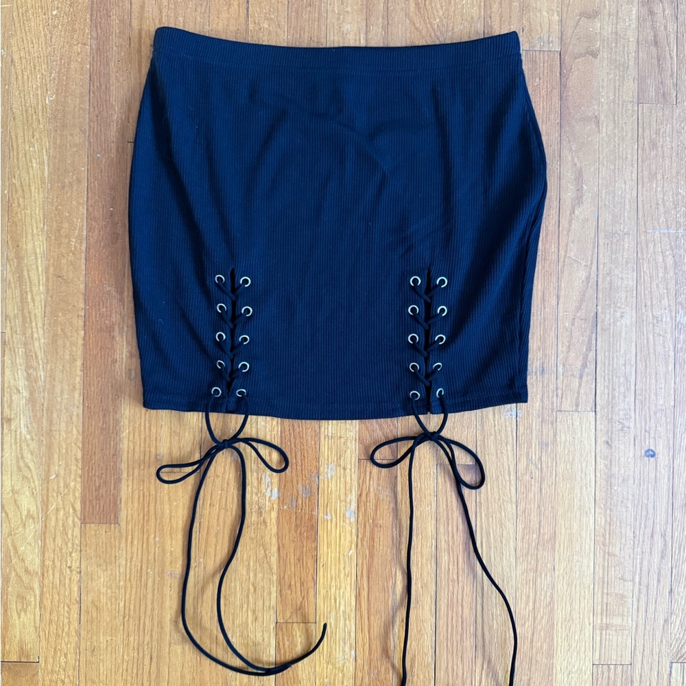 Hot & Delicious Black Lace-Up Ribbed Mini Skirt